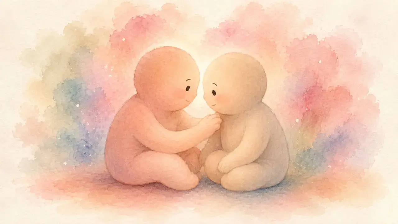 Due esseri teneri si guardano, un gesto dolce per capire se ti ama dallo sguardo. Colori pastello e un'atmosfera di pura tenerezza.