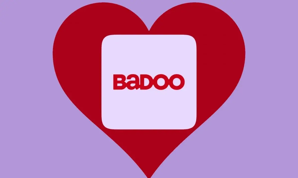 Cuore rosso con logo Badoo al centro. Trova l'amore, badoo è gratis!