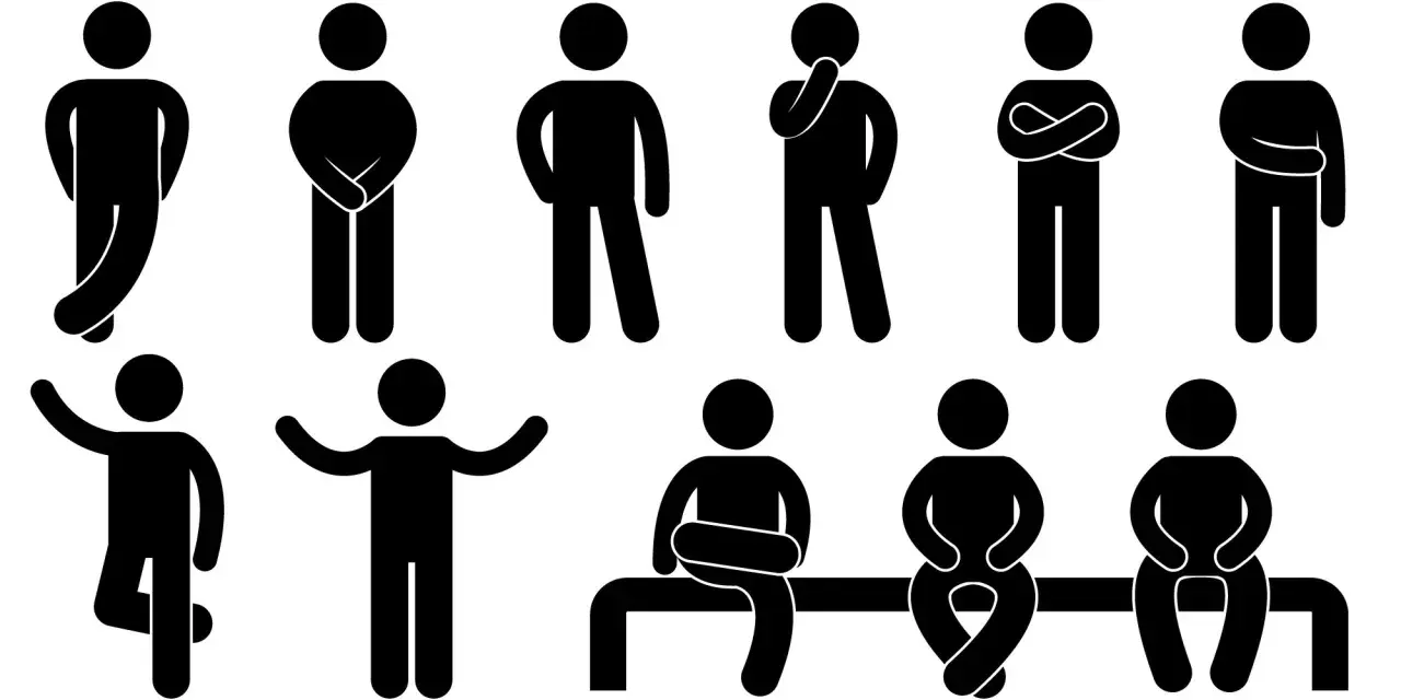 Figure stilizzate mostrano diverse posture, alcune suggeriscono il linguaggio del corpo attrazione, altre riflessione o chiusura.
