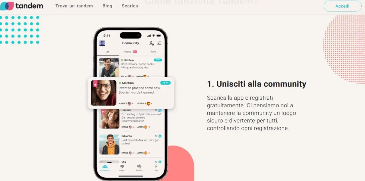 Schermata di Tandem che mostra la community per trovare un **chat tandom**. Utenti cercano partner linguistici per imparare e praticare.