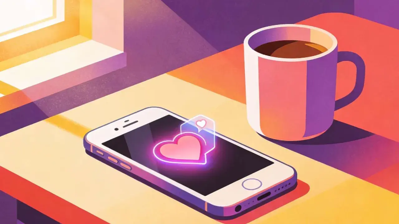 Smartphone con cuore luminoso e tazza di caffè, perfetto per decidere cosa scrivere dopo il primo appuntamento.