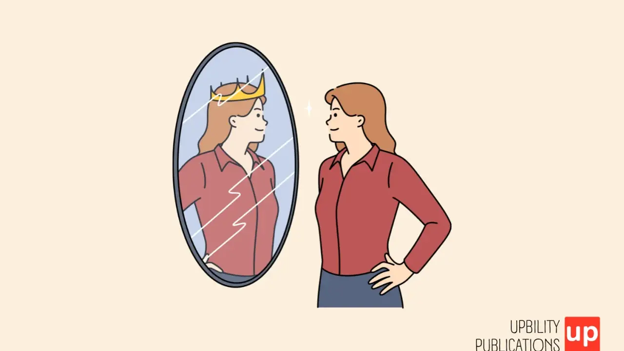 Donna con corona riflessa nello specchio, un'immagine di un narcisista overt che ammira la propria grandezza.
