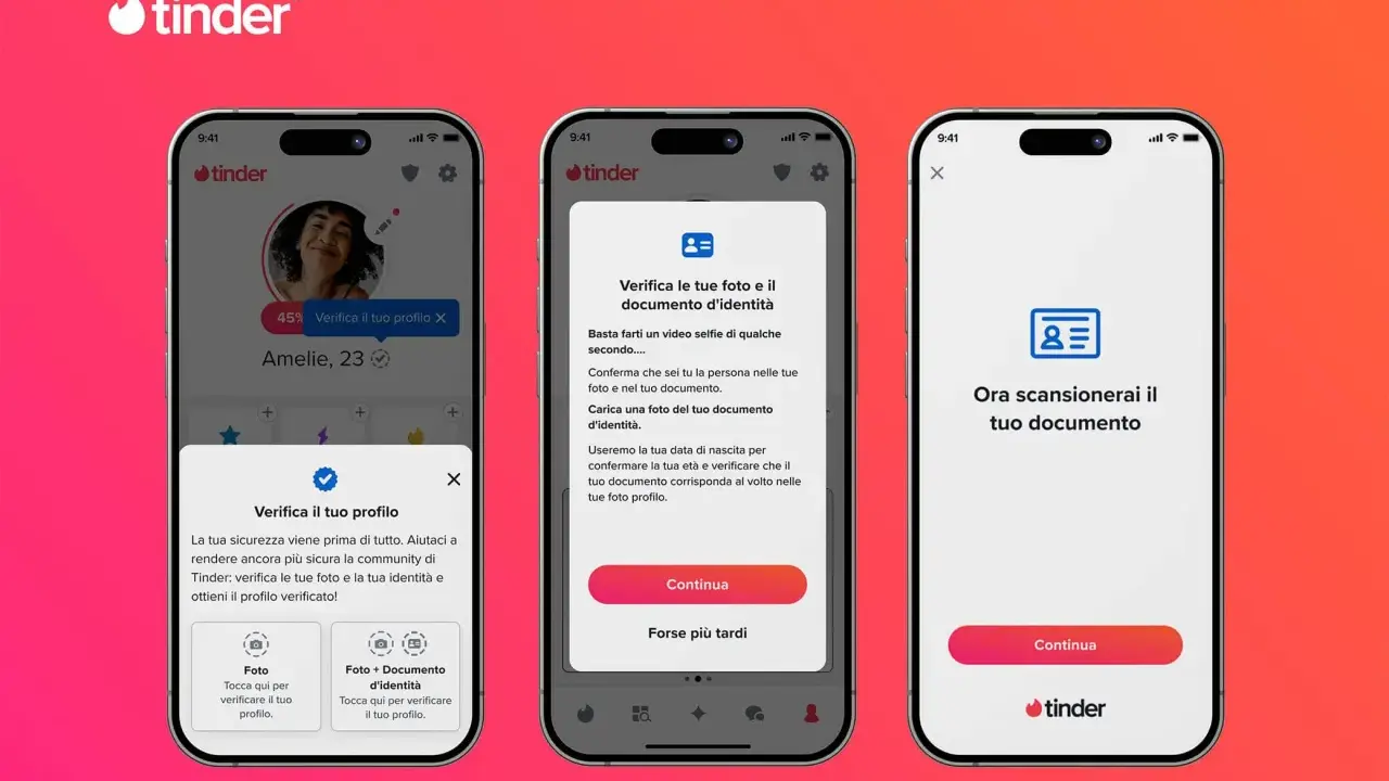 Schermate di Tinder che mostrano il processo di verifica del profilo. Chi usa Tinder può verificare foto e documenti per un profilo più sicuro.