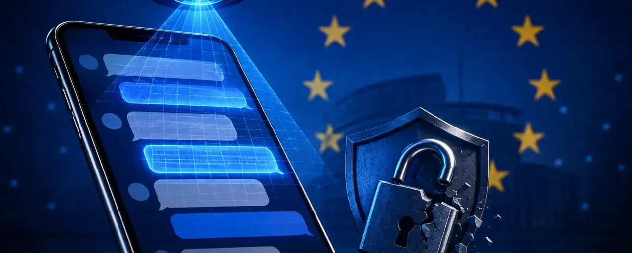 Smartphone con messaggi, lucchetto rotto e bandiera UE. Sicurezza digitale e chatrandom gratis.
