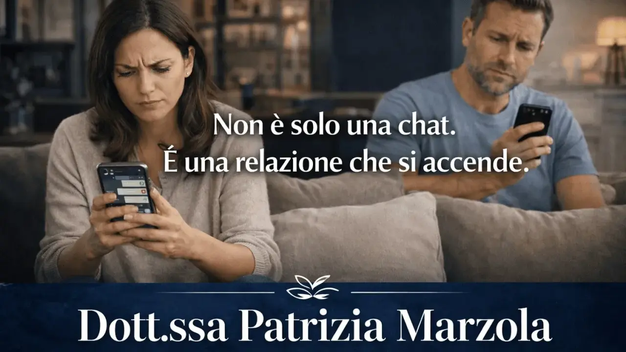 Coppia pensierosa sui cellulari. Impara come rispondere ai messaggi per accendere una relazione, non solo una chat. Dott.ssa Patrizia Marzola.