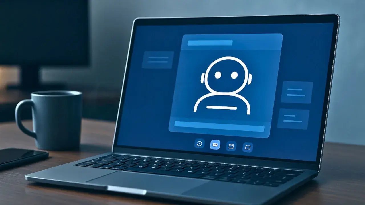 Un laptop mostra un'interfaccia di be2 chat con un'icona di robot. Accanto, una tazza e uno smartphone.
