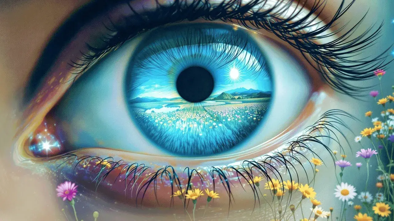 Un occhio azzurro riflette un paesaggio fiorito, un prato vibrante sotto un sole radioso. Davvero gli occhi sono lo specchio dell'anima, pieni di meraviglia.