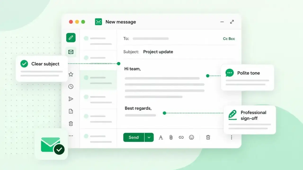 Schermo di un'email con oggetto chiaro, tono cortese e firma professionale.