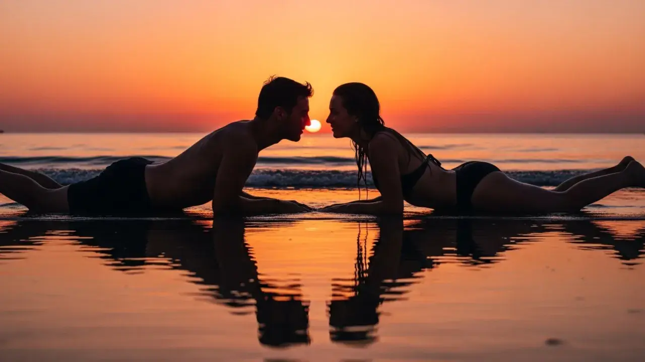 Coppia sdraiata sulla spiaggia al tramonto, sguardi intensi, si sente l'attrazione tra due persone.