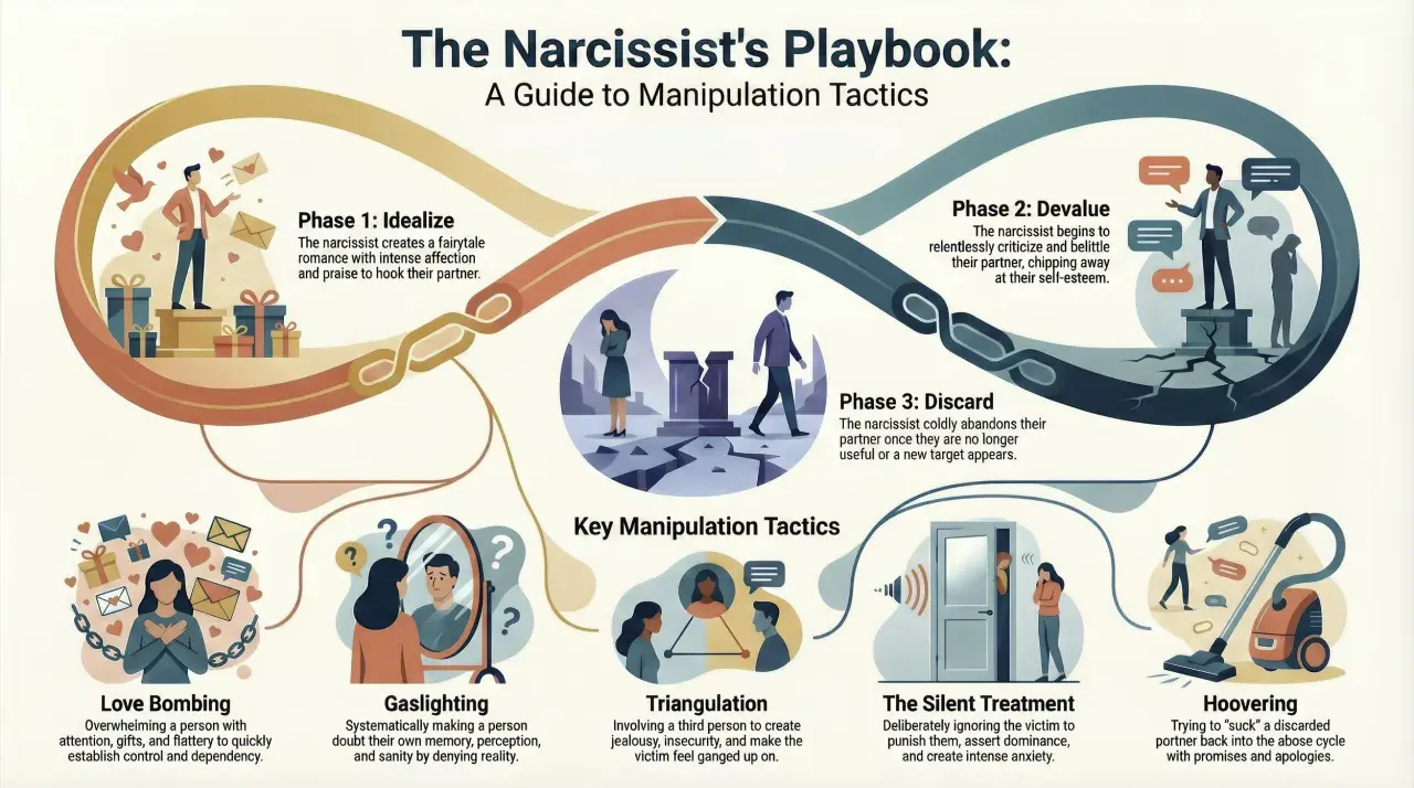 Il narcisista ci prova con tutte: idealizza, svaluta, scarta e usa tattiche come gaslighting e love bombing per manipolare.