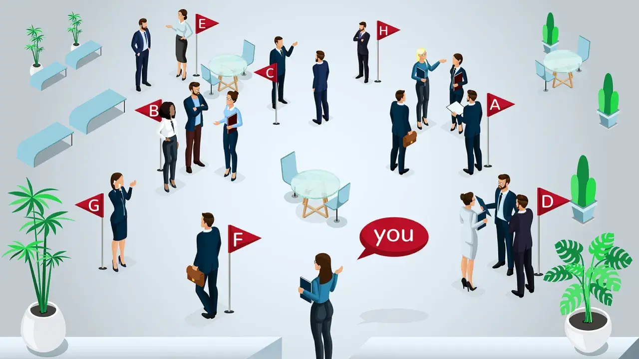 Persone in un evento di networking, con una nuvoletta "you" che indica il punto di vista. Come si risponde a piacere di conoscerti?