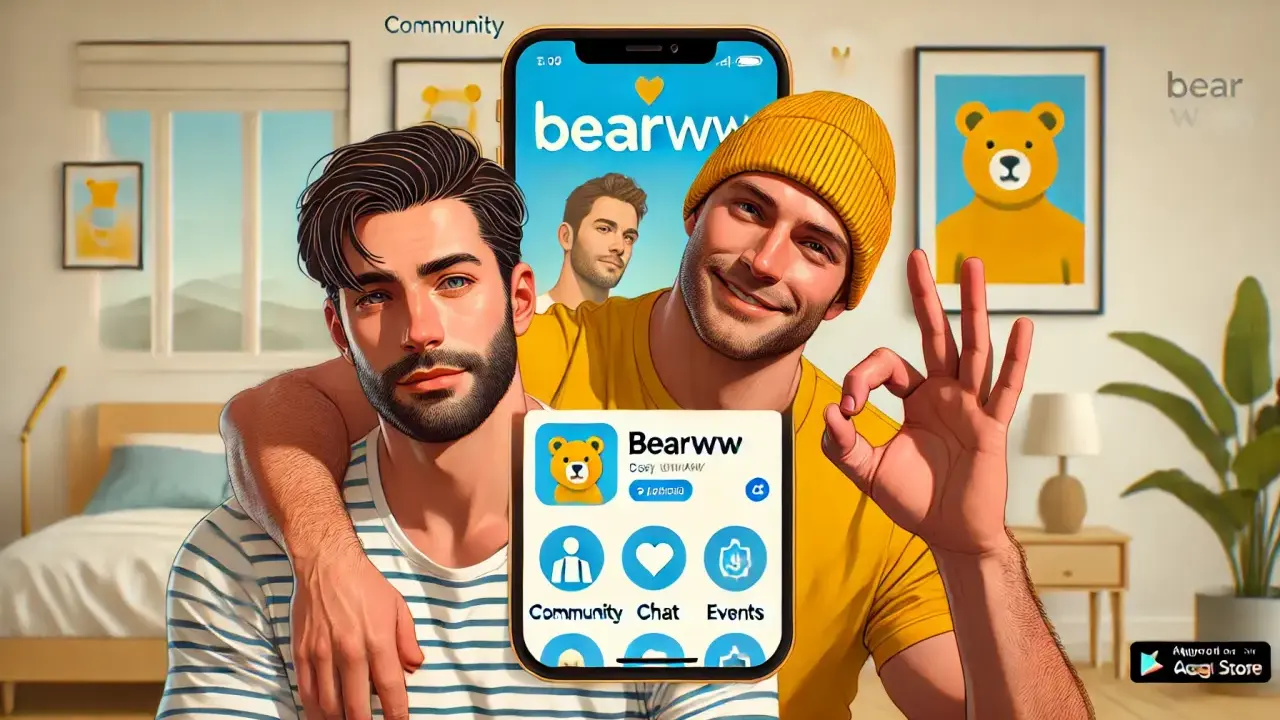 Due uomini sorridono, uno con un braccio sull'altro. In primo piano, uno smartphone mostra l'app "Bearww", con icone per Community, Chat e Events. Perfetto per il digy chat gay.