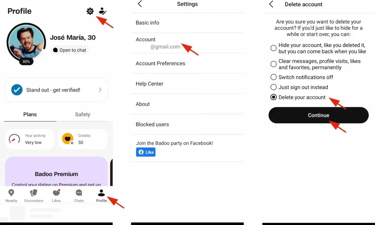 Schermate di Badoo che mostrano come eliminare il tuo profilo.