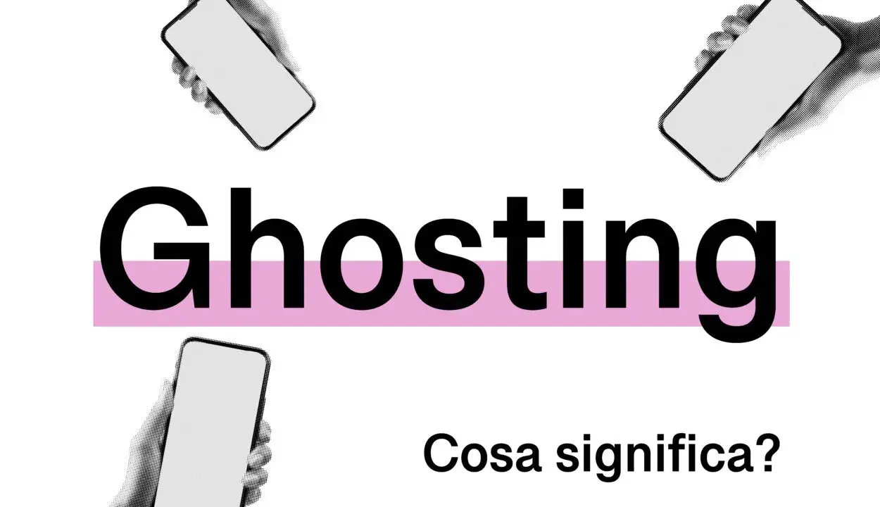 Il ghosting dopo un litigio: mani che tengono smartphone vuoti circondano la parola "Ghosting" e la domanda "Cosa significa?".