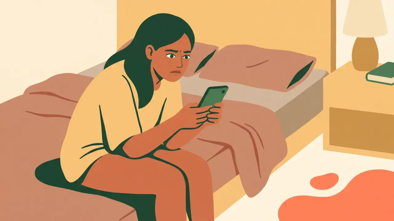 Ragazza sul letto, pensierosa, con il telefono in mano, mentre pensa a come dire a qualcuno che ti piace per messaggio.