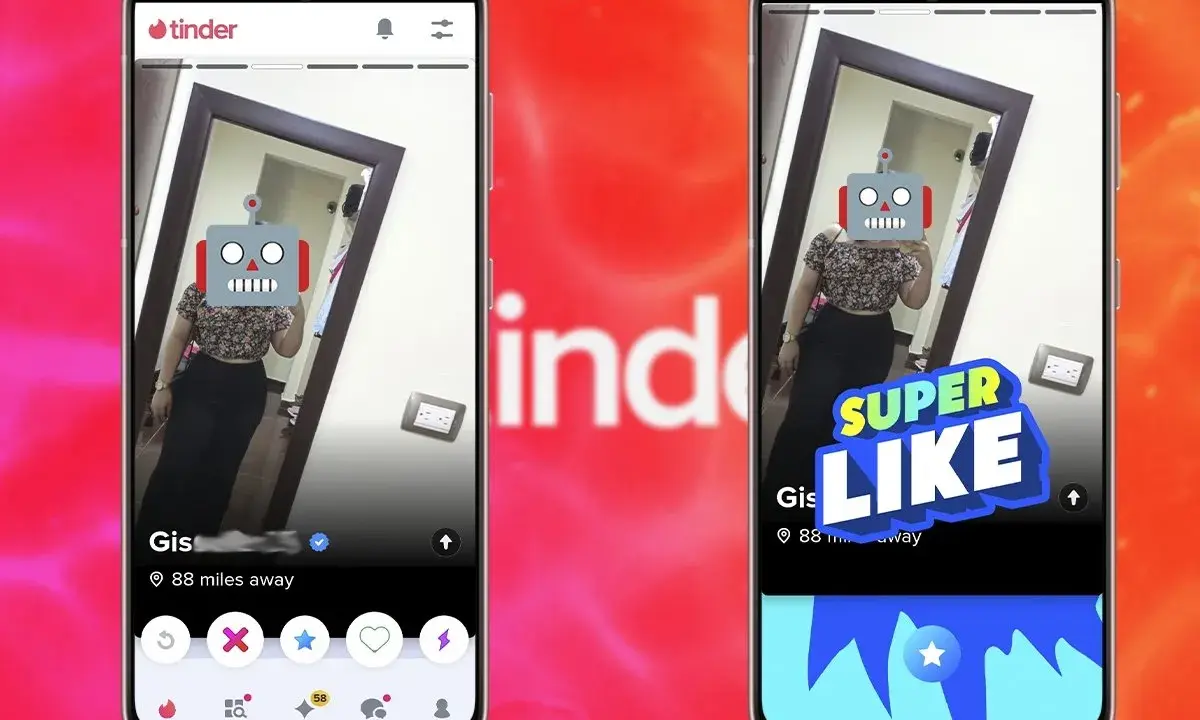 Due profili Tinder con una foto speculare. Uno mostra un "Super Like" in arrivo, come se fosse un match perfetto.