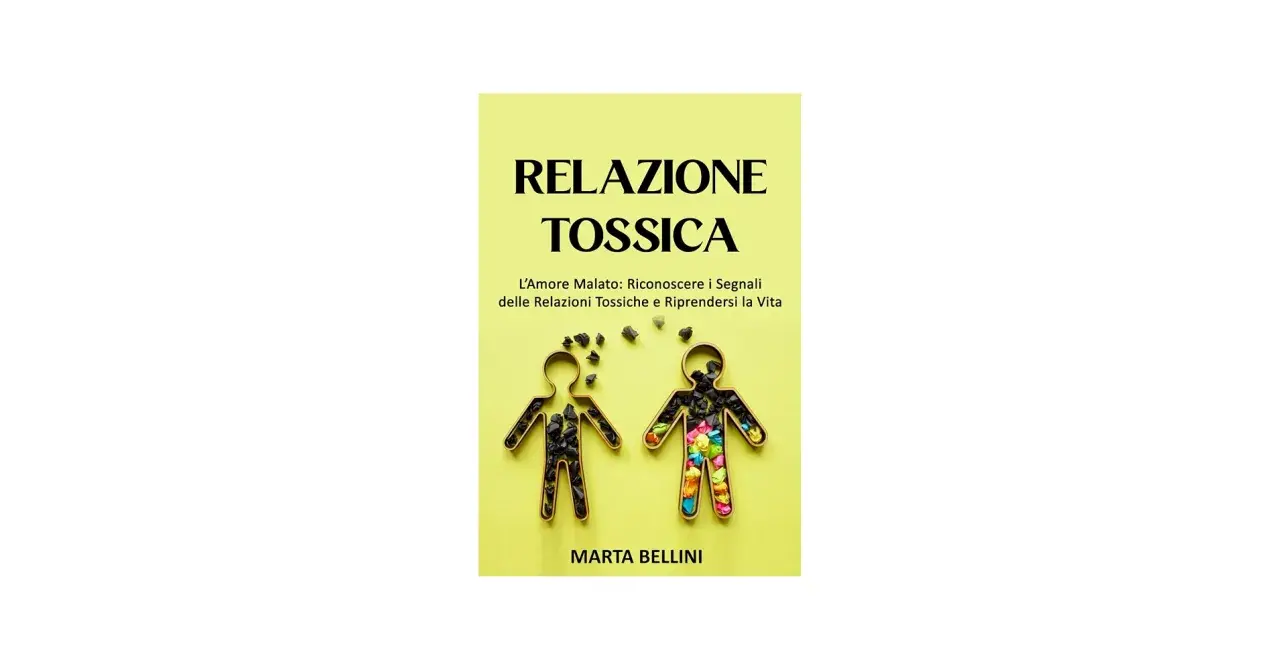 Copertina libro "Relazione Tossica": due sagome umane vuote, una riempita di pietre nere, l'altra di frammenti colorati.