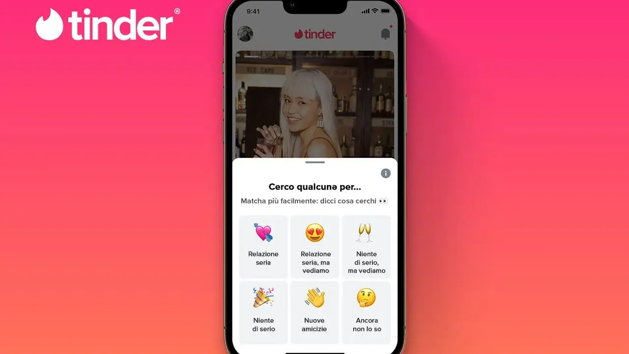 Schermata di Tinder con opzioni per trovare un edarling: relazione seria, niente di serio, nuove amicizie o ancora non lo so.