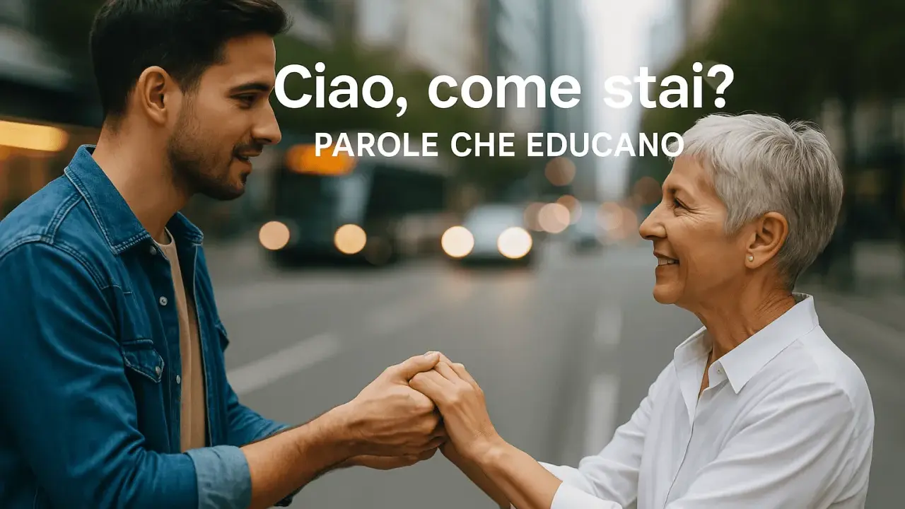 Un uomo e una donna si tengono per mano, sorridendo. La scritta "Ciao, come stai?" suggerisce un modo gentile per rispondere.