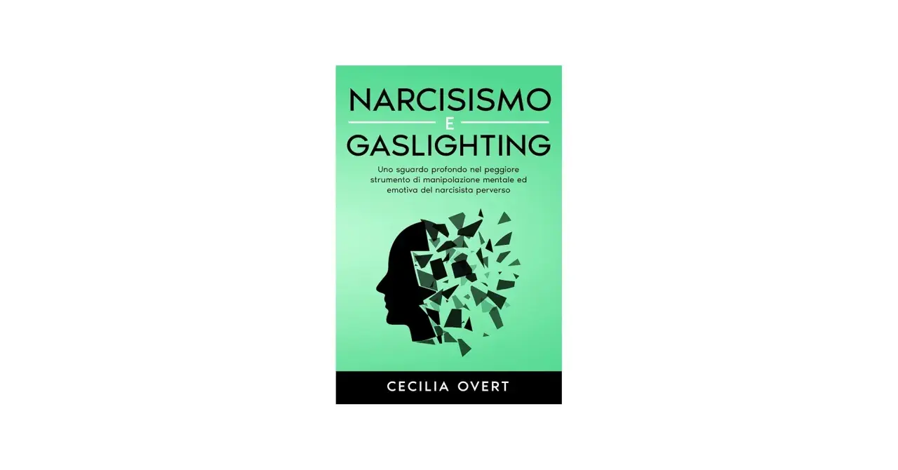 Copertina libro "Narcisismo e Gaslighting": profilo nero di una testa che si frantuma, simbolo delle bugie del narcisista.