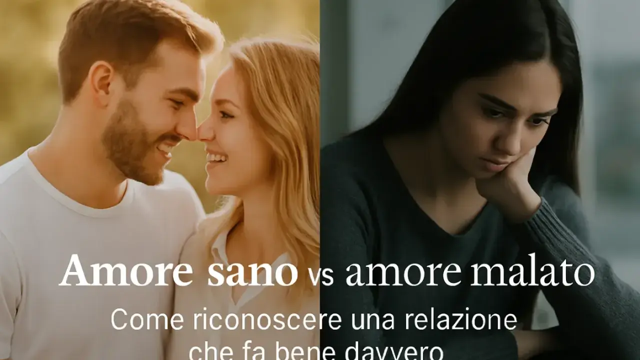Coppia felice contrapposta a donna triste, per illustrare la differenza tra amore sano e un amore malato.