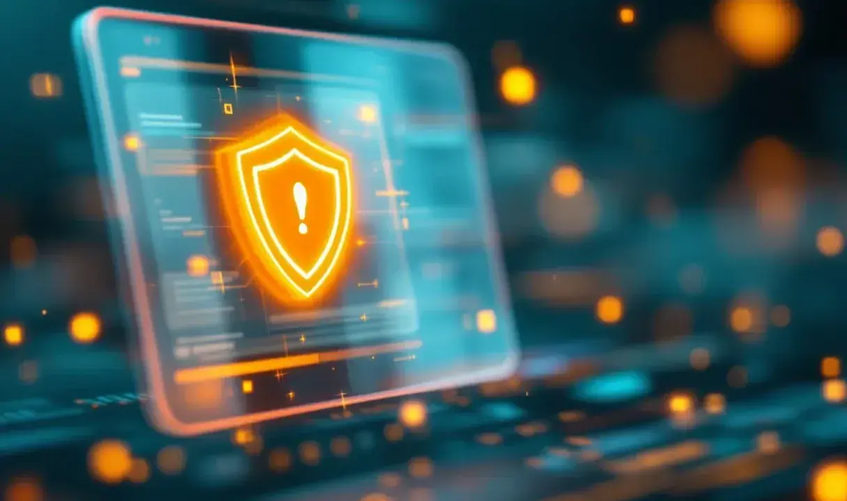 Schermo digitale con scudo arancione e punto esclamativo. Sicurezza informatica, un po' come chiedersi "Omegle cos'è" per capire i rischi online.