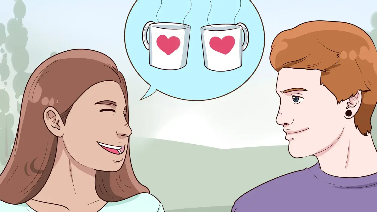 Una ragazza sorride mentre pensa a come iniziare una conversazione con un ragazzo, immaginando due tazze con cuori.