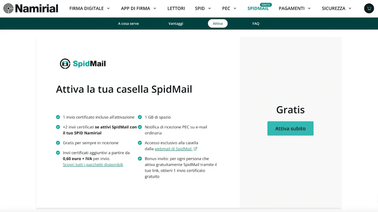 Attivazione gratuita SpidMail Namirial: 1 invio certificato, 1 GB spazio, notifiche PEC. Ottieni bonus invitando amici, come in un Virgilio chat.