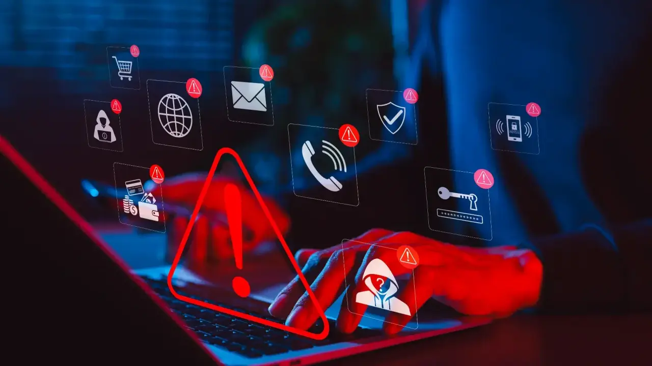 Attenzione! Un utente sta navigando su un sito di chat randim, circondato da icone di avviso che segnalano rischi per la sicurezza, privacy e dati.