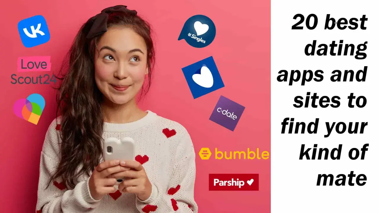 Ragazza con smartphone circondata da loghi di app di incontri, tra cui Love Scout24, per trovare il tuo tipo di amico.