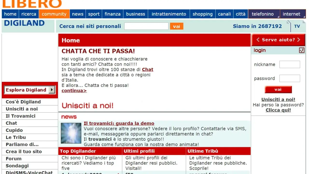 Pagina di Digiland: "Chatta che ti passa!" per conoscere amici, con stanze tematiche e regionali. Login e iscrizione disponibili.