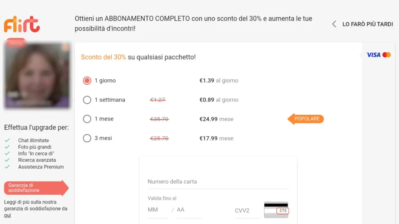 Offerta speciale su flirt.com recensioni: abbonamento completo con 30% di sconto per aumentare le tue possibilità d'incontri. Scegli il pacchetto ideale!