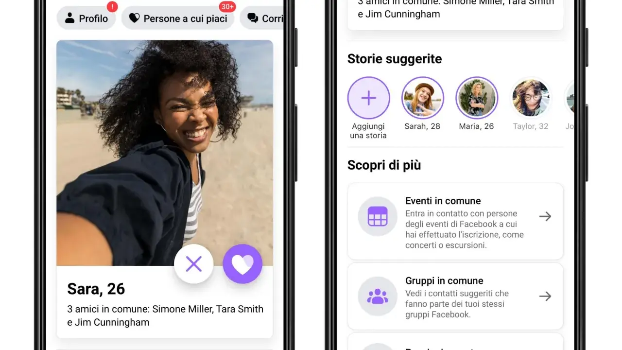 Interfaccia di fb dating con profilo di Sara, 26 anni, e suggerimenti per incontrare persone.