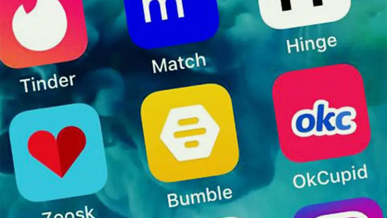 Schermata con icone di app di incontri come Tinder, Bumble, OkCupid, Hinge, Zoosk e Match. Molte di queste sono usate per siti chat sesso.
