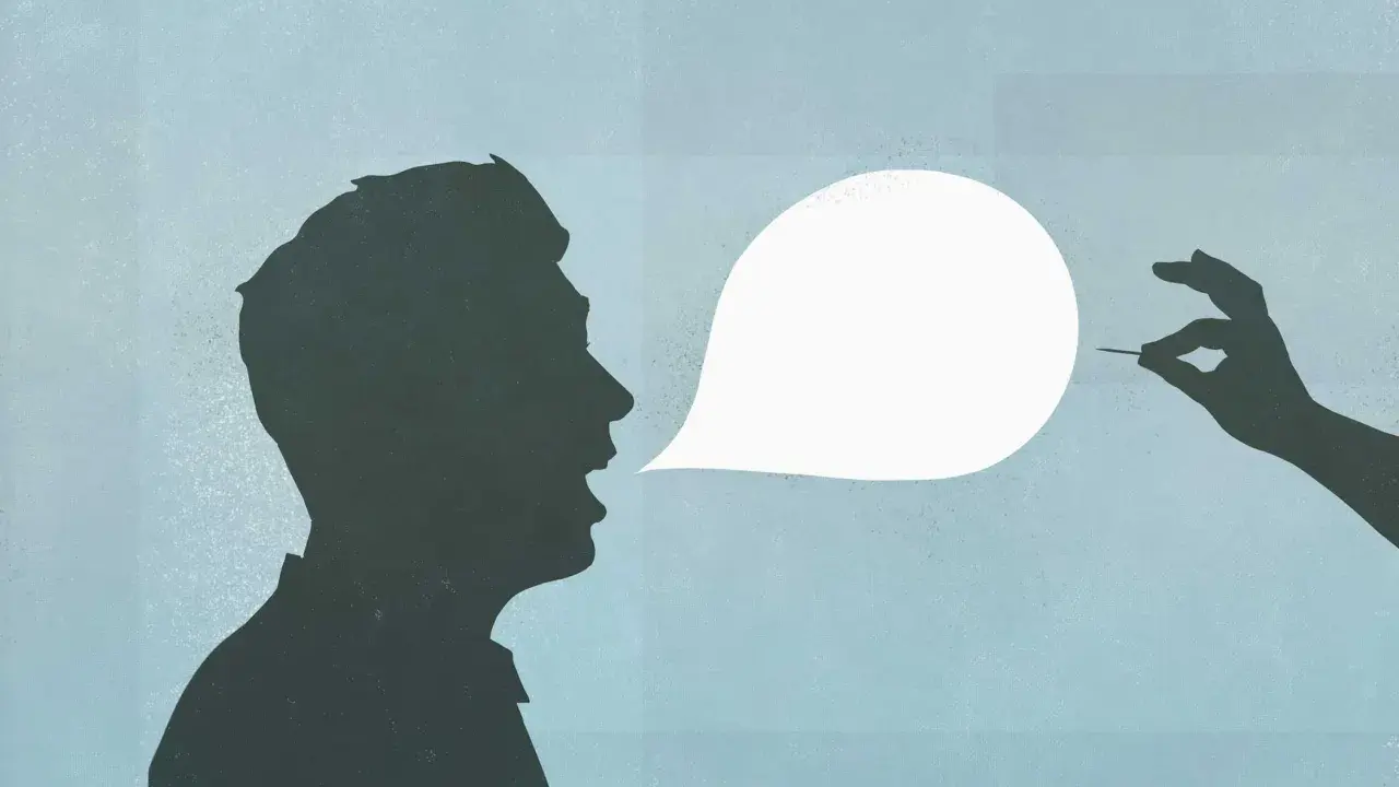 Silhouette di un uomo che parla, con una mano che tiene un ago vicino a una nuvoletta vuota. Come rispondere ad un ti voglio?