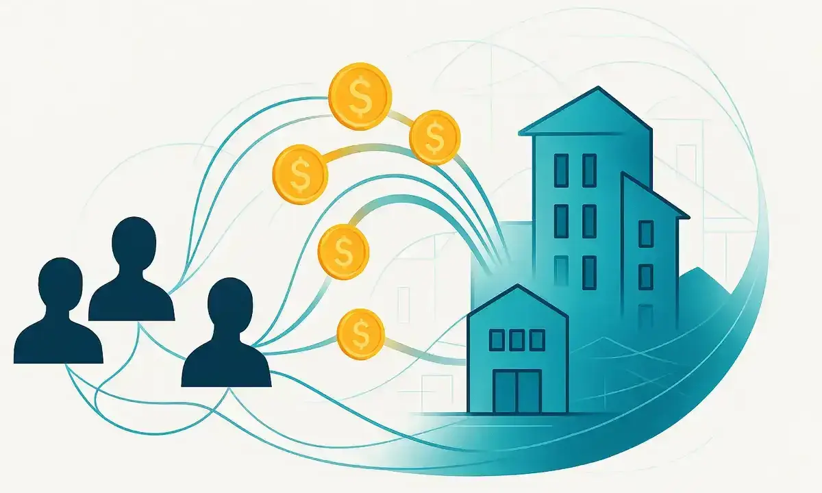 Persone che investono in immobili in Italia, con monete che fluiscono verso edifici stilizzati.