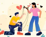 Una donna con la mania del controllo muove un uomo come un burattino, con un cuore spezzato sullo sfondo.