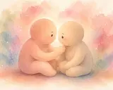 Due esseri teneri si guardano, un gesto dolce per capire se ti ama dallo sguardo. Colori pastello e un'atmosfera di pura tenerezza.