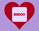 Cuore rosso con logo Badoo al centro. Trova l'amore, badoo è gratis!