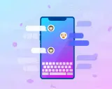 Smartphone con icone di chat e un robot. La prima chat tra utente e bot.