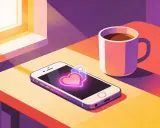 Smartphone con cuore luminoso e tazza di caffè, perfetto per decidere cosa scrivere dopo il primo appuntamento.