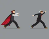 Un uomo in abito scuro fugge da un vampiro energetico con mantello rosso.