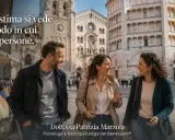 Tre amici sorridono passeggiando in una piazza storica. Impara come piacere a crush con autenticità.