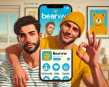 Due uomini sorridono, uno con un braccio sull'altro. In primo piano, uno smartphone mostra l'app "Bearww", con icone per Community, Chat e Events. Perfetto per il digy chat gay.