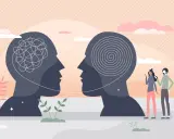 Due profili stilizzati si fronteggiano, uno con pensieri aggrovigliati, l'altro con una spirale. Una coppia osserva, simboleggiando l'attrazione mentale.