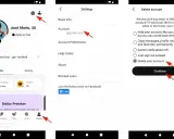 Schermate di Badoo che mostrano come eliminare il tuo profilo.