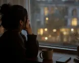 Una donna pensierosa guarda fuori dalla finestra, forse riflettendo sui segnali che una persona ti pensa intensamente. Una tazza e un telefono sono vicini.