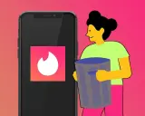 Illustration of a person holding a trash can next to a smartphone displaying the Tinder logo.