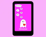 Un fantasma triste con un cuore spezzato su uno schermo di telefono, che mostra messaggi ignorati. La sensazione di subire ghosting è palpabile.