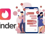 Un ragazzo e una ragazza chattano su Tinder, con cuori e fumetti che fluttuano.